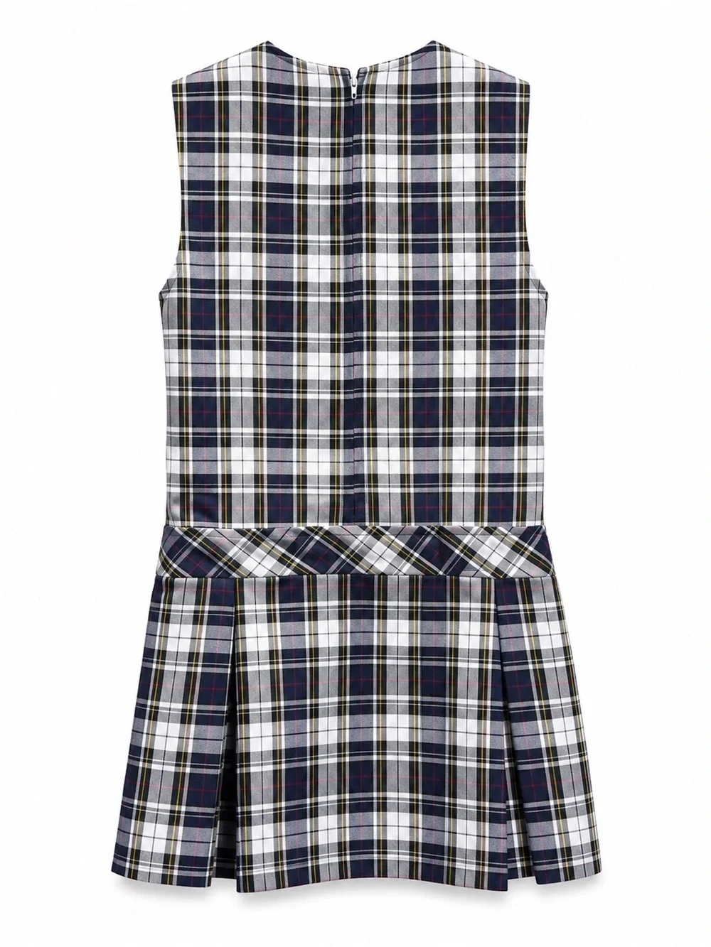 Jenni Navy and White Plaid Sleeveless School Dress with Button Waist